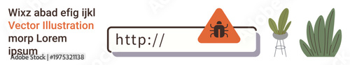 Online security, data protection, internet threats, malware detection, website safety, phishing alerts. Browser bar with warning sign and bug icon. Online security and data protection concept