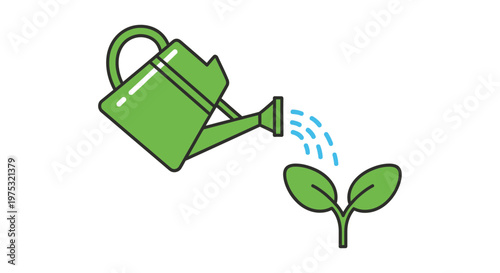 Green watering can nurturing young plant.
