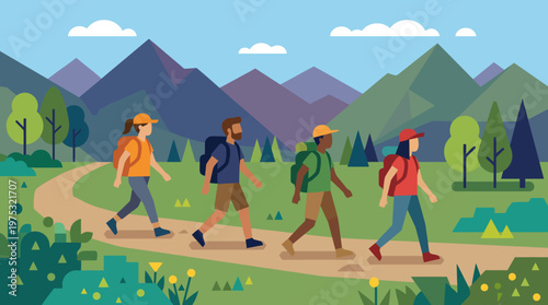 A diverse group of four friends hiking together on a scenic trail.