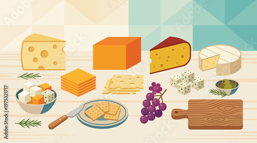 A diverse illustrated collection of various cheese types with grapes and crackers.