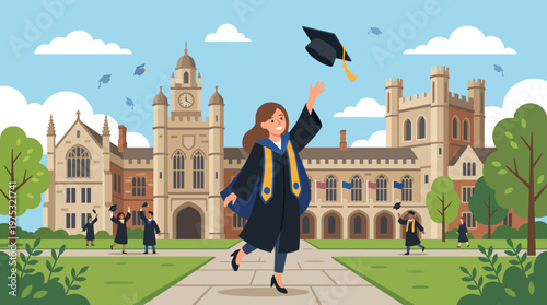 A happy female graduate in a gown and sash joyfully tosses her mortarboard cap in the air.
