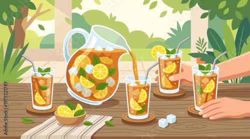 A large glass pitcher of iced tea with lemon and mint being poured into glasses.