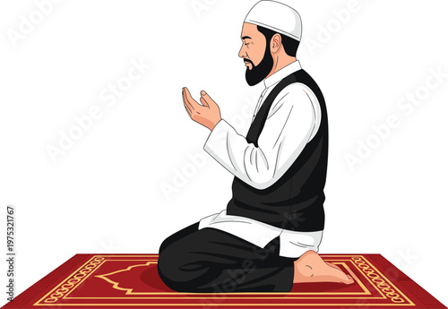 Muslim Man Praying Namaz Illustration with Traditional Islamic Clothing, Sitting on Prayer Mat in Worship Pose, Spiritual Religious Vector Design for Faith, Ramadan and Mosque Themes