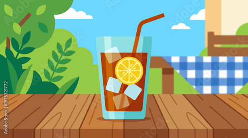 A refreshing glass of iced tea with a lemon slice and ice cubes illustration.