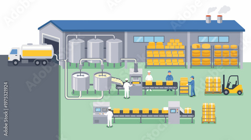 Illustration of a cheese factory production line showing the entire manufacturing process along with workers and machines.