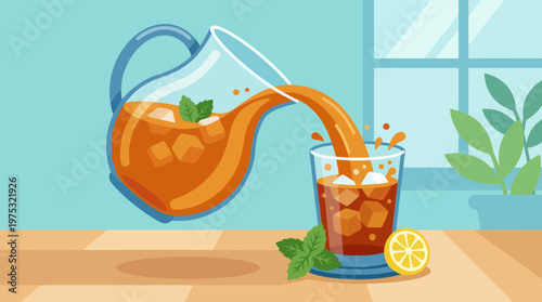 Refreshing iced tea being poured from a glass pitcher into a tall glass with ice cubes and mint.
