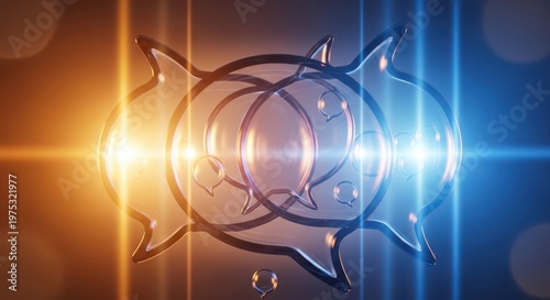 A high-quality 3D render featuring transparent glass speech bubbles overlapping each other evokes a sense of dialogue and balanced communication.