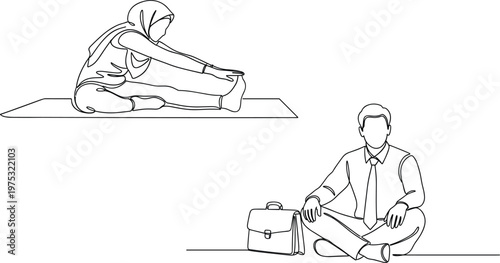 Minimal Line Art Illustration Set with Yoga Stretching Woman and Sitting Businessman, Simple Outline Human Characters Vector Design for Lifestyle, Wellness and Professional Concepts