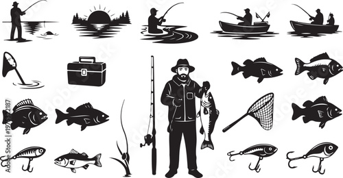 Fishing icons and silhouettes with tackle and fish varieties