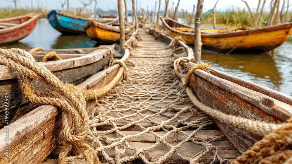 Naklejka premium Boats Docked at Village Pier with Ropes Forming Intricate Designs