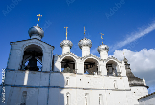 The upward-pointing domes and crosses of the bell tower of the medieval monastery in Rostov the Great
