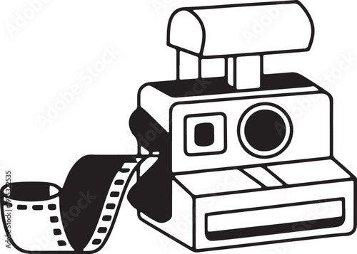 Minimalist Line Art Illustration of an Instant Film Camera with Ejecting Photographic Film Stri