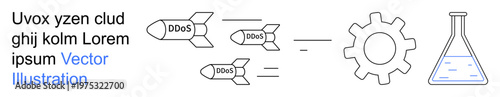 Cybersecurity, data protection, DDoS attacks, system analysis, online threats, technology defense. Graphic shows missiles labeled DDoS, gear flask. Cybersecurity and data protection concept