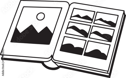 Open Photo Album Book with Landscape Pictures Vector Illustration Drawn in Simple Line Art Styl