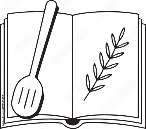 Open Recipe Book Icon with Wooden Spoon and Herb Sprig Line Art Vector Illustration Graphic Des