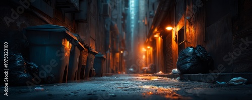 Narrow Alley Behind Old Buildings Clogged with Overflowing Trash Bins