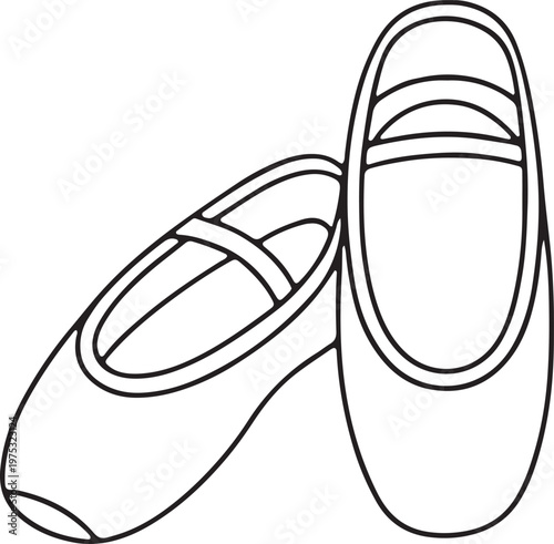 Pair of simple flat ballet shoes or female slippers with rounded toe outline vector illustratio