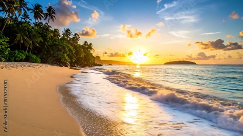 Tropical beach scene at sunset with waves, sand, palm trees, and an island
