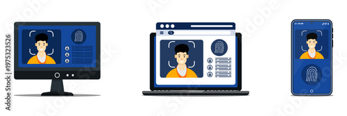 Set collection of face recognition implemented on diverse electronic devices. Ideal for technology blogs, security software promotions, and biometrics concept illustrations.