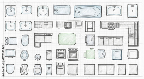 Architectural CAD Blocks Bathroom Kitchen Top View Fixtures Vector Plan Elements Design Set