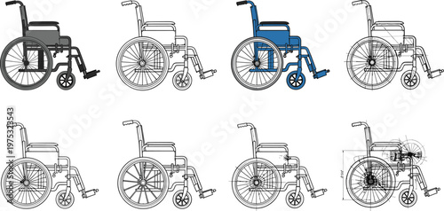 Wheelchair Vector Set with Side View, Outline, Wireframe and Blueprint Styles, Mobility Aid Illustration Collection for Healthcare, Accessibility, Medical and Rehabilitation Design Projects