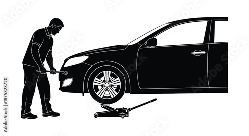 A mechanic uses a jack to lift a car for repairs depicted in a striking black silhouette high quality professional detailed