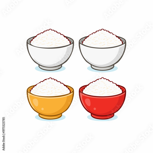 Four colorful bowls filled with white rice, representing a staple food in many cultures and cuisines around the world