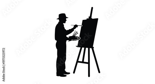 A black silhouette of an artist painting at an easel holding a palette and brush creating art silhouette high quality