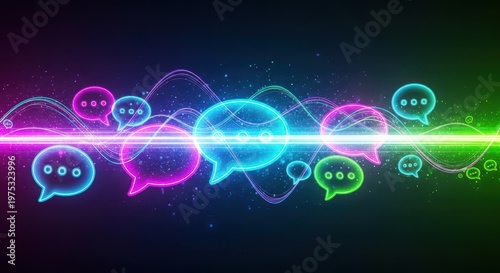 This dynamic 3D illustration shows multiple vibrant neon speech bubbles linked by flowing light trails representing real-time data transmission and social interaction. 