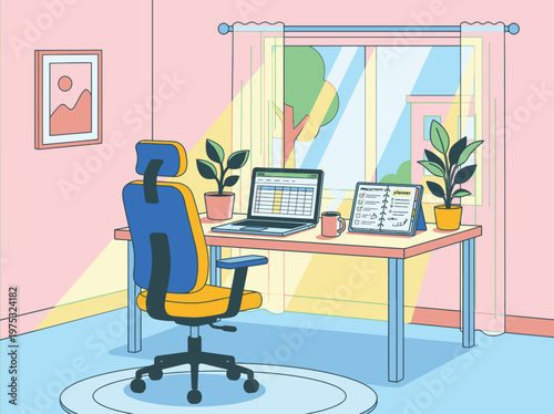 Home Office Workspace with Laptop and Plants.