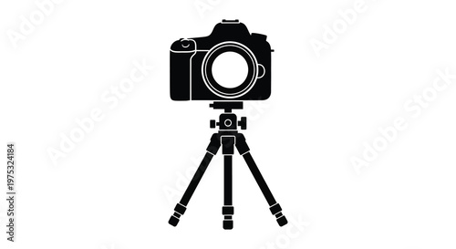 A black silhouette of a professional dslr camera mounted on a tripod showcasing photography equipment silhouette high quality detailed modern elegant