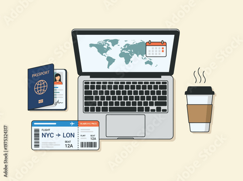 Laptop with World Map and Travel Documents.
