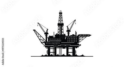 A stark black silhouette of an offshore oil rig stands against a white background showcasing industrial architecture silhouette high quality professional