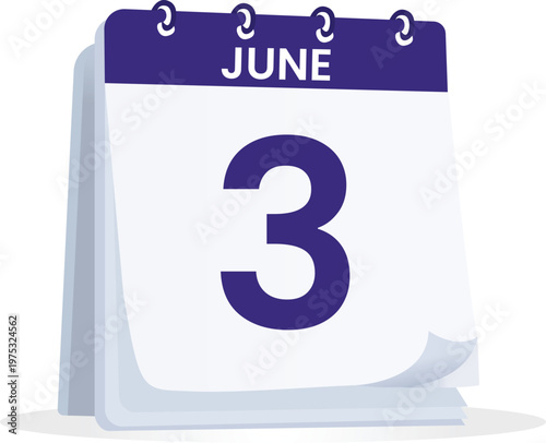 June 3 Calendar Icon with Purple Desk Flip Design, Minimal Date Reminder Illustration for Schedule Planning, Event Organizer Concept, Clean Modern Vector Style