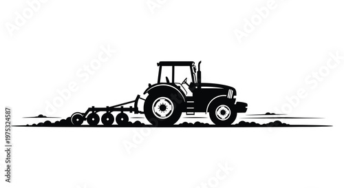 A striking black silhouette of a modern tractor with a plow depicted against a simple white background silhouette high quality professional