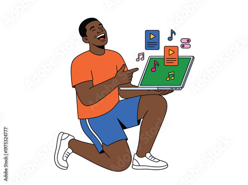 Young Man Enjoying Music and Using Laptop.