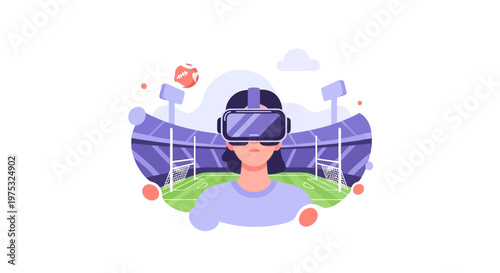 A young person experiencing a rugby match through virtual reality goggles. EPS Editable. Vector Illustrations.