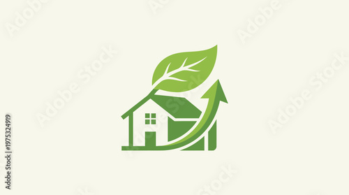 Eco-Friendly House with Green Leaf and Growing Arrow