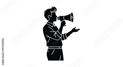 A striking black silhouette of a man speaking into a megaphone gesturing with his other hand a powerful image silhouette