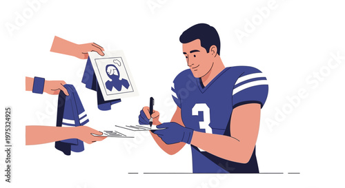 American football player signing autographs for fans. EPS Editable. Vector Illustrations.