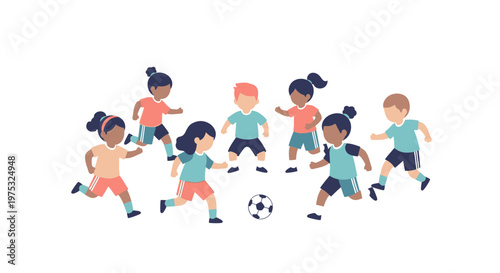 Diverse group of happy children playing soccer together on a field. EPS Editable. Vector Illustrations.