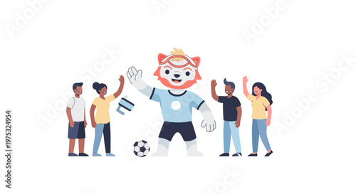 Diverse group of happy children standing with a cute soccer mascot character. EPS Editable. Vector Illustrations.