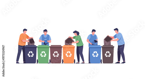 Diverse Group of People Sorting Waste into Different Colored Recycling Bins. EPS Editable. Vector Illustrations.