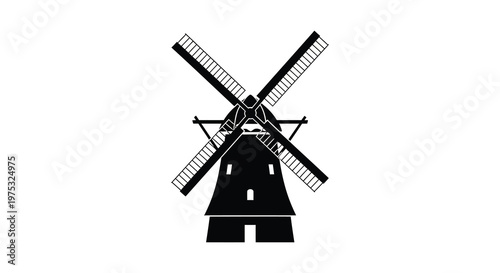 A striking black silhouette of a traditional dutch windmill against a plain white background silhouette high quality professional detailed modern elegant