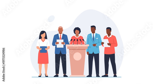 Diverse Group of Professionals Standing Together for a Press Conference Presentation. EPS Editable. Vector Illustrations.