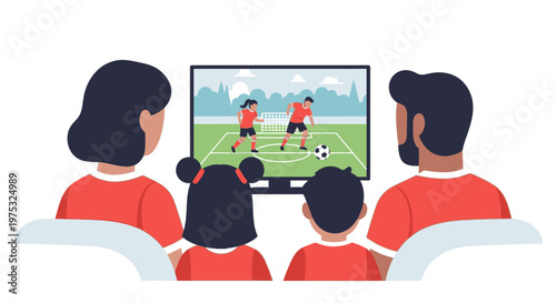 Family sitting on couch watching soccer match on television at home. EPS Editable. Vector Illustrations.