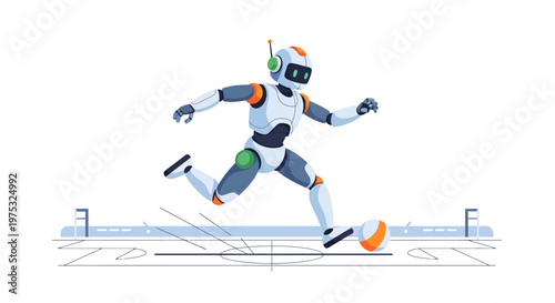 Futuristic humanoid robot running and playing soccer on a field. EPS Editable. Vector Illustrations.