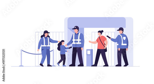 Security personnel performing airport passenger screening and luggage inspection. EPS Editable. Vector Illustrations.