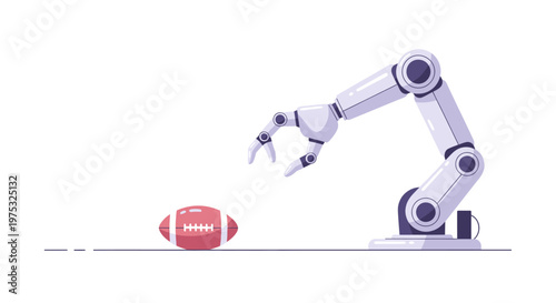 Robotic mechanical arm reaching for an American football on a flat surface. EPS Editable. Vector Illustrations.