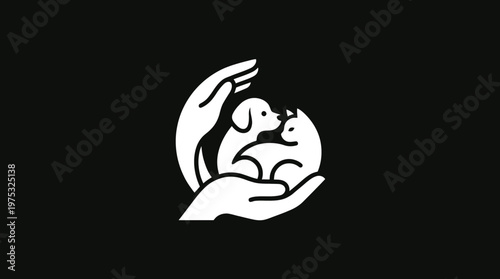 Caring for Pets Hand Shielding Dog and Cat Emblem